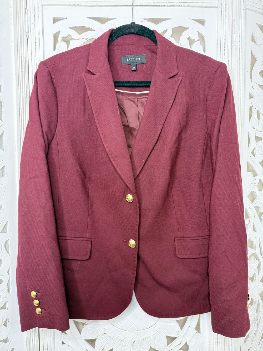 Talbots Wine-Red Wool Blend Blazer with Gold Buttons